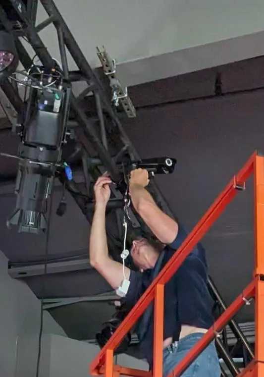 Typical lighting truss installation view, camera mounted above the stage